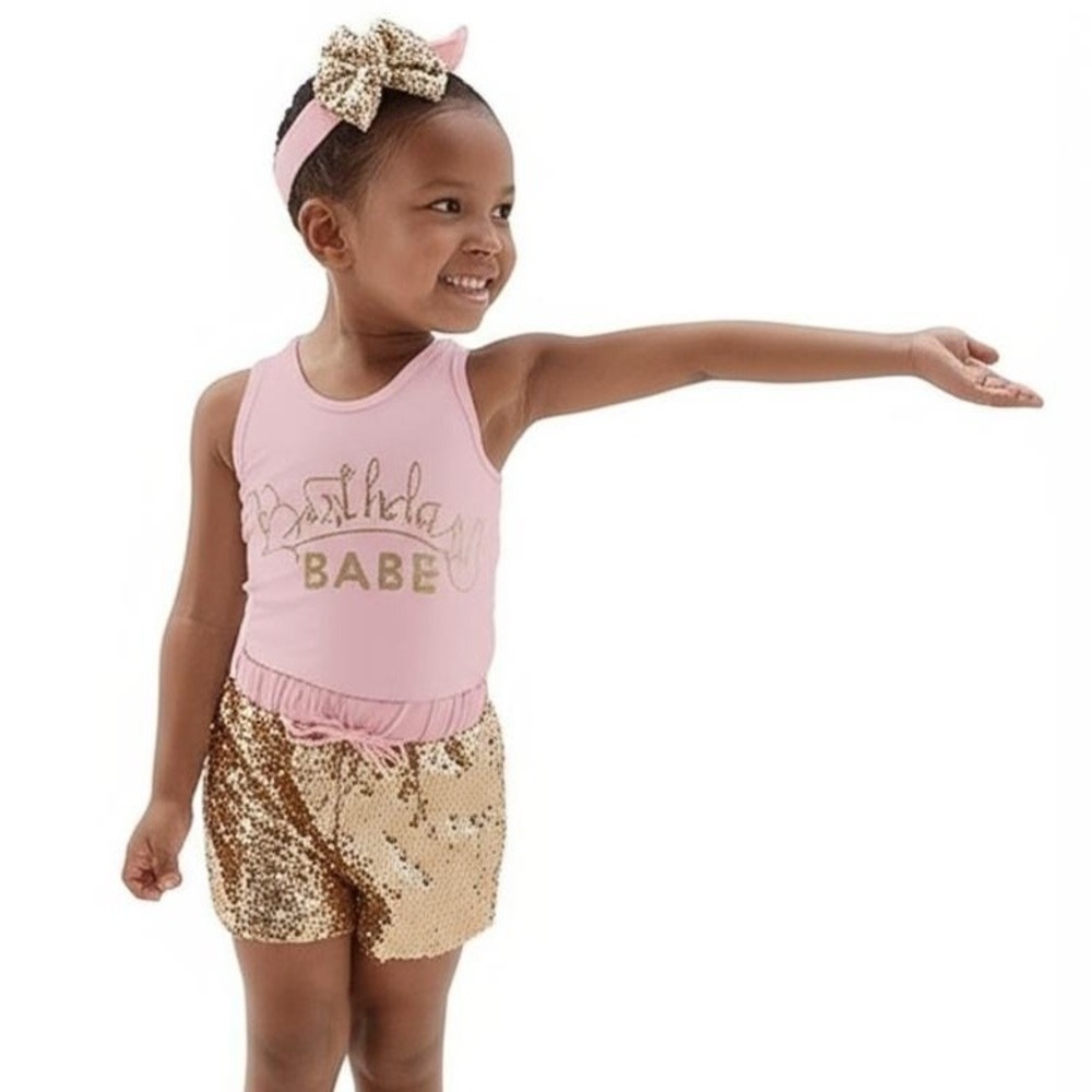 Catpapa‎ 3 Piece Shorts Tank Set 12-18M Pink Gold Sequin Birthday Babe Sparkle